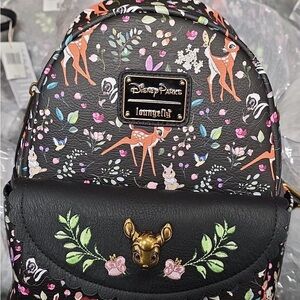Loungefly Black Bambi Floral Mini Backpack with Gold Accent